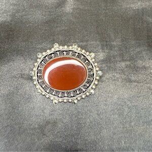 Antique Filigree Carnelian Sterling Silver Cabochon Brooch